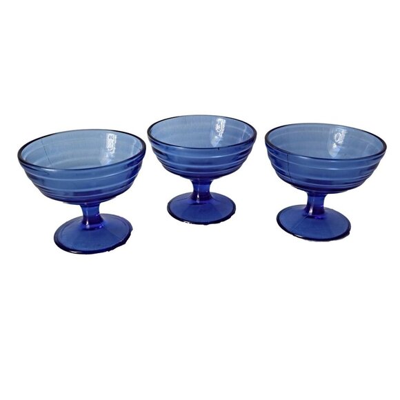 7 Piece Vintage Moderntone Blue Sherbet Set 1930's Dessert Dish Hazel Atlas - Picture 3 of 5